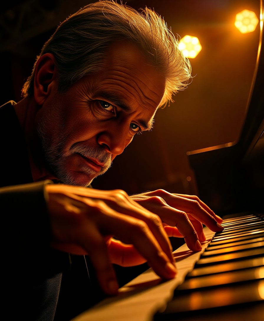 AI generated art for prompt: A highly realistic portrait captures the enigmatic jazz pianist from a unique low-angle perspective,