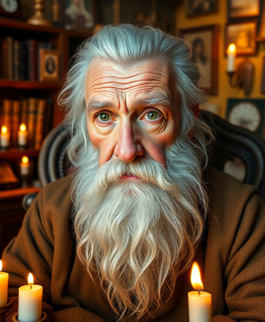 AI generated art for prompt: Create a photorealistic portrait of an elderly Celtic man with sharp, piercing green eyes, bushy eye