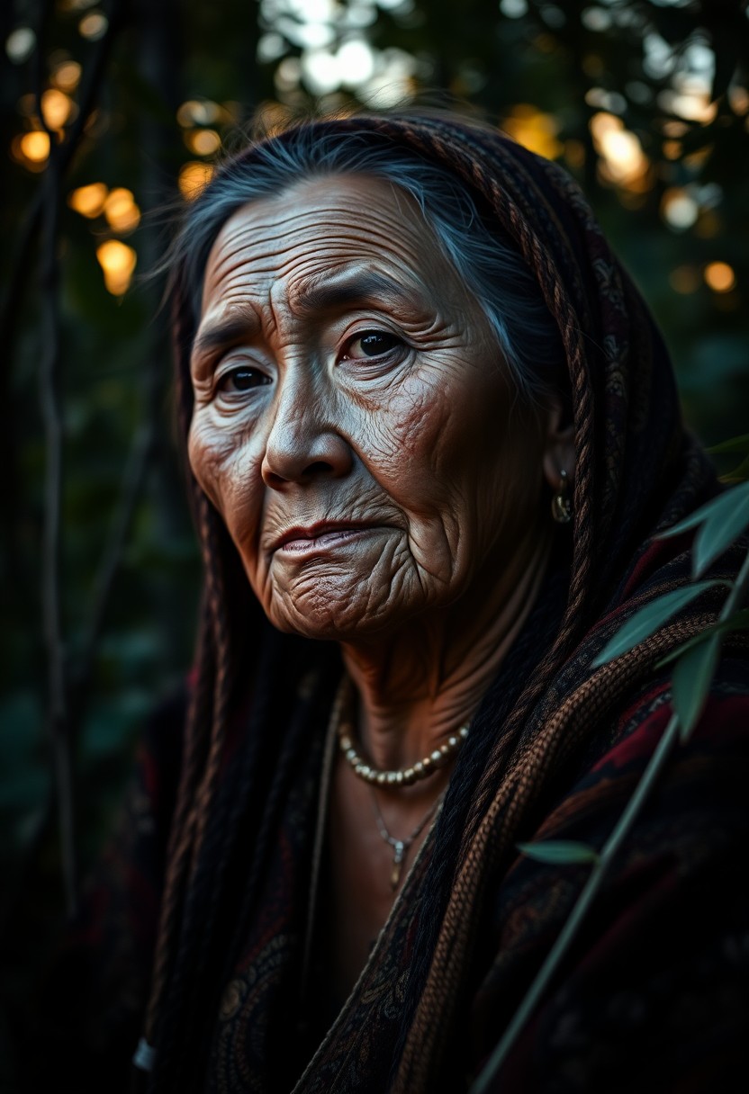 AI generated art for prompt: Imagine an intricate portrait of an elderly Native American Andean woman, captured in the gentle emb