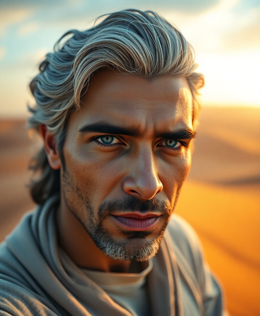 AI generated art for prompt: Visualize a hyperrealistic portrait of a charismatic Middle Eastern Latin American man. He has strik