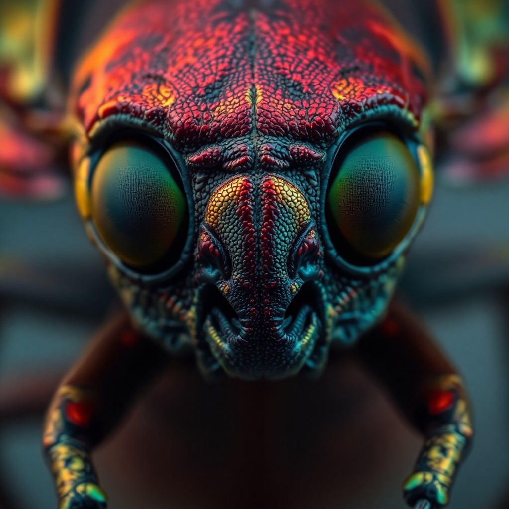 AI generated art for prompt: A portrait photo captures the enigmatic essence of an alien entity through a 'bug's-eye view' perspe