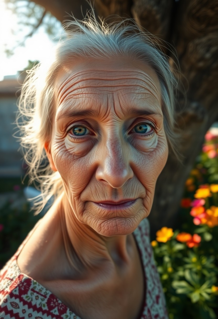 AI generated art for prompt: Create a hyperrealistic portrait of an elderly Mediterranean woman with delicate features, her face 