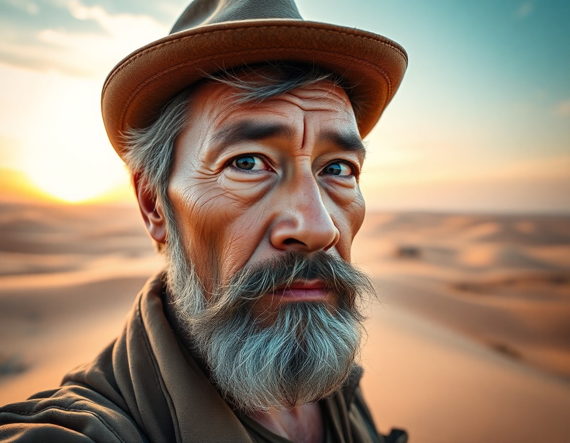 AI generated art for prompt: A photorealistic portrait of a middle-aged East Asian man with a rugged complexion, sun-kissed hair 