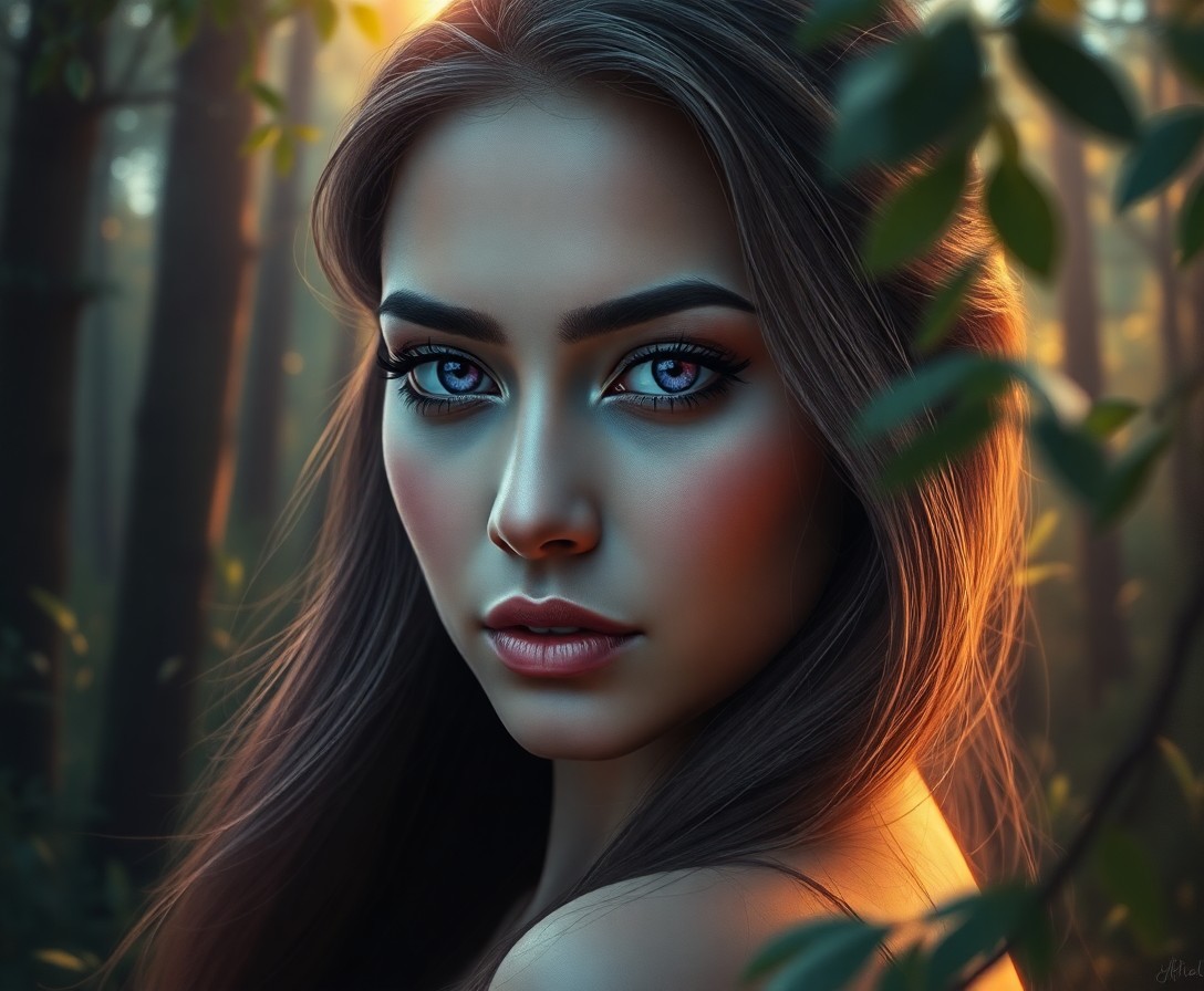 AI generated art for prompt: Create a hyper-realistic digital painting that captures the enigmatic beauty of a Caucasian woman wi