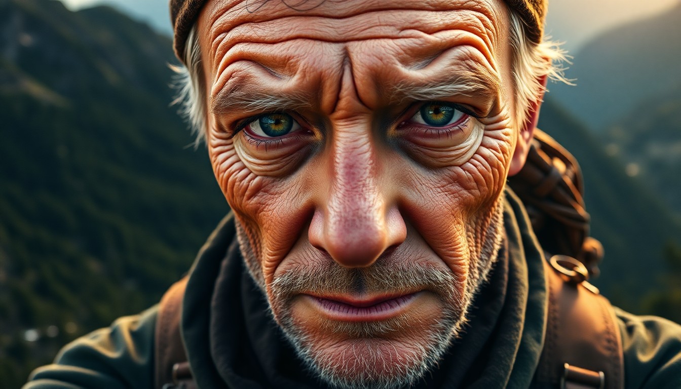 AI generated art for prompt: A hyper-realistic portrait of an experienced adventurer, their lined features and serene green eyes 