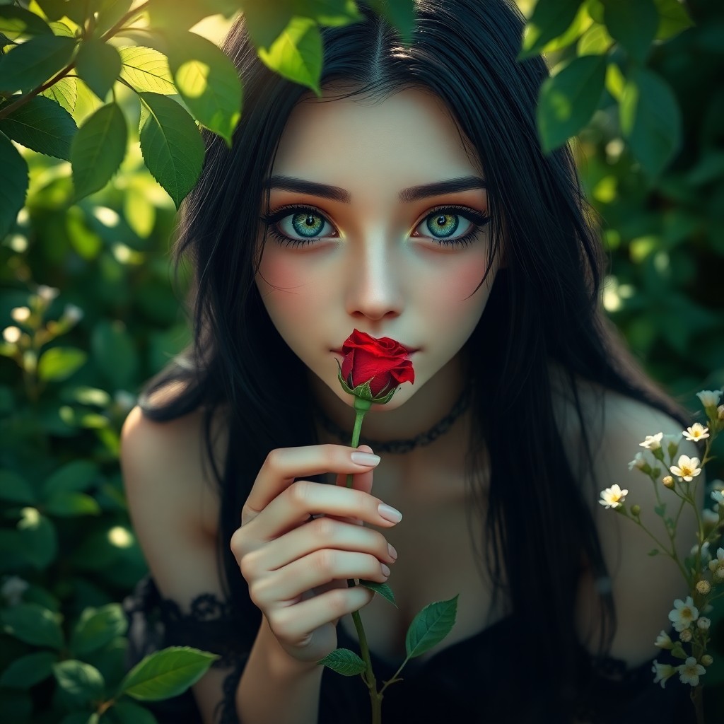 AI generated art for prompt: An enigmatic character with tranquil green eyes and jet-black hair sits in a serene garden, her stri