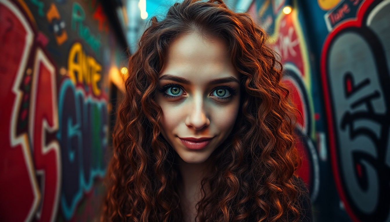 AI generated art for prompt: A portrait photograph captures an enigmatic Andean woman with placid green eyes and long, curly ches