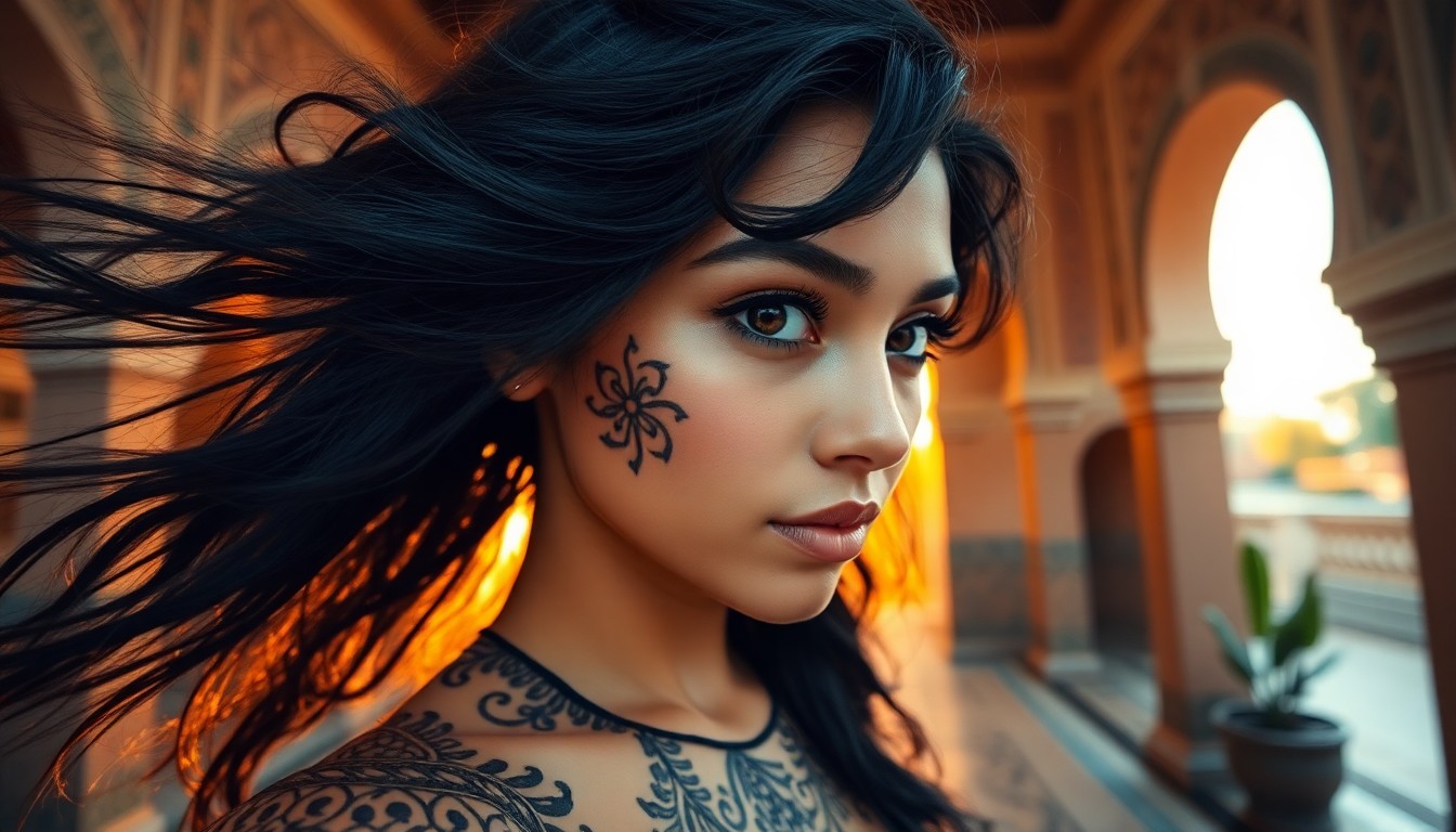 AI generated art for prompt: Imagine a captivating portrait of a young Polynesian woman adorned with intricate henna patterns on 