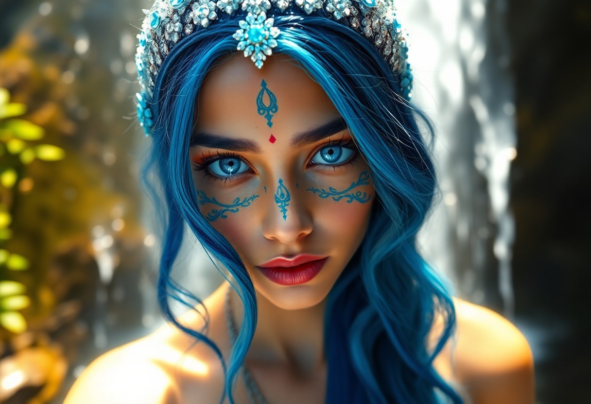 AI generated art for prompt: Create a photorealistic portrait of a young South Asian woman with long, wavy hair combining shades 