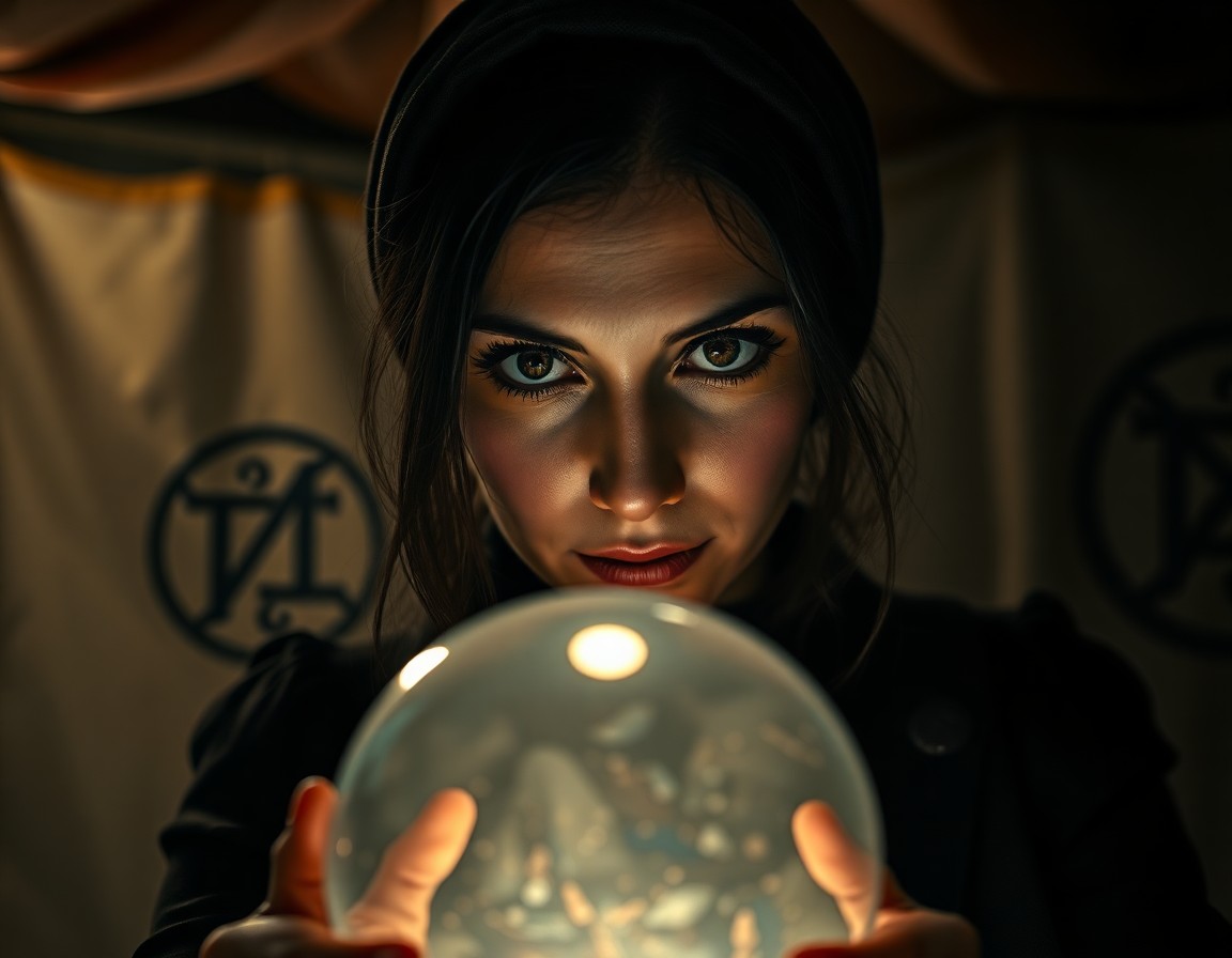 AI generated art for prompt: Capture an enigmatic fortune teller in a photorealistic portrait, her piercing eyes framed by deep s