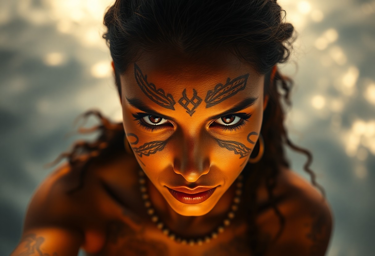 AI generated art for prompt: A superrealistic portrait of an enigmatic Polynesian woman with striking features, her face adorned 