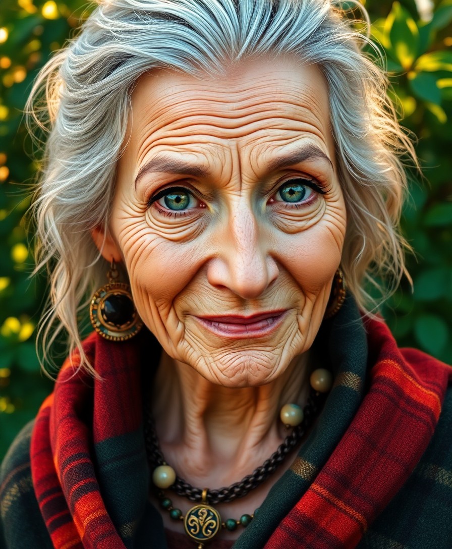 AI generated art for prompt: Illustrate a portrait of an astute elderly Amazonian woman with vivid green eyes and silver-streaked