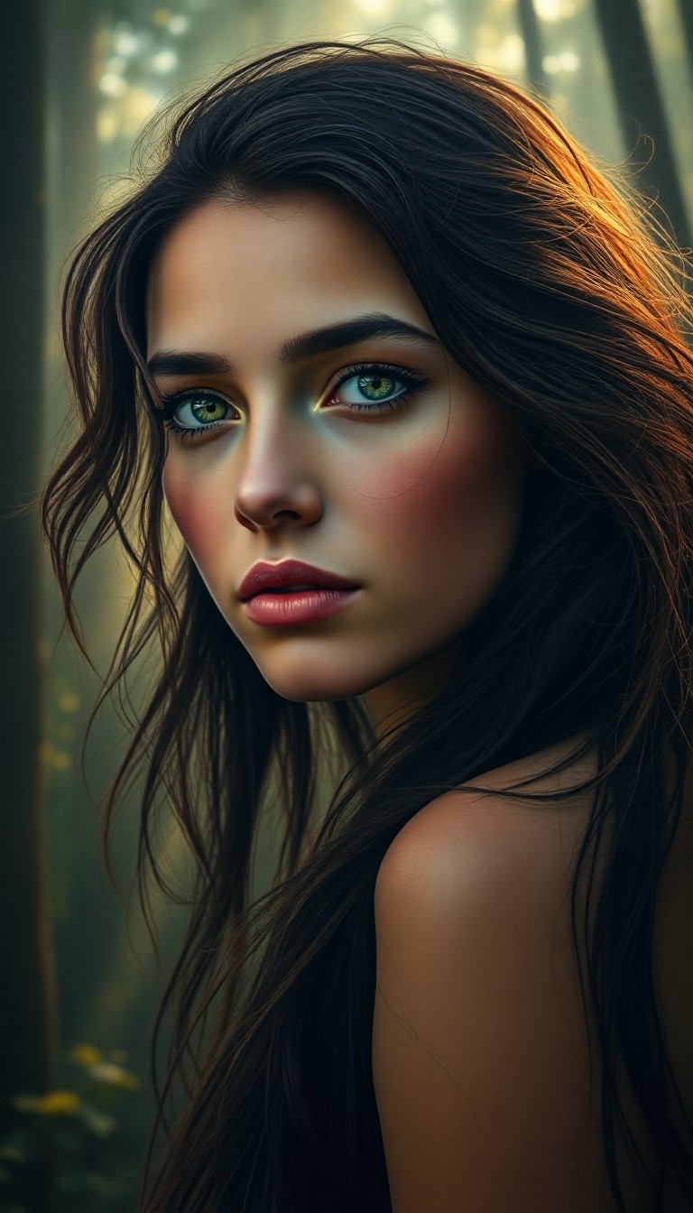 AI generated art for prompt: Create a hauntingly beautiful, super-realistic oil painting-style portrait of an Amazonian woman. Sh