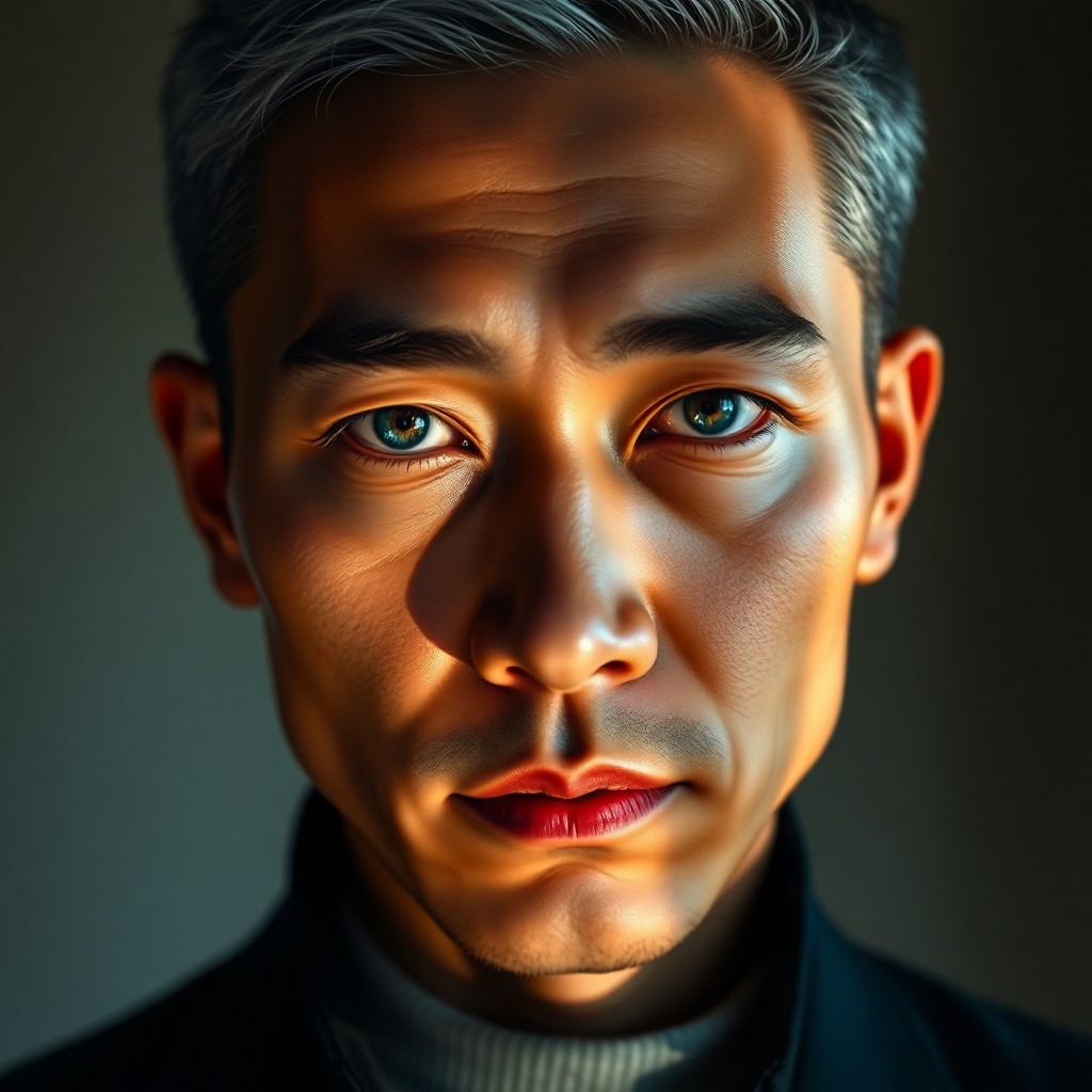 AI generated art for prompt: Create an ultra-realistic portrait of a 35-year-old East Asian man with kind, blue eyes, chiseled fe