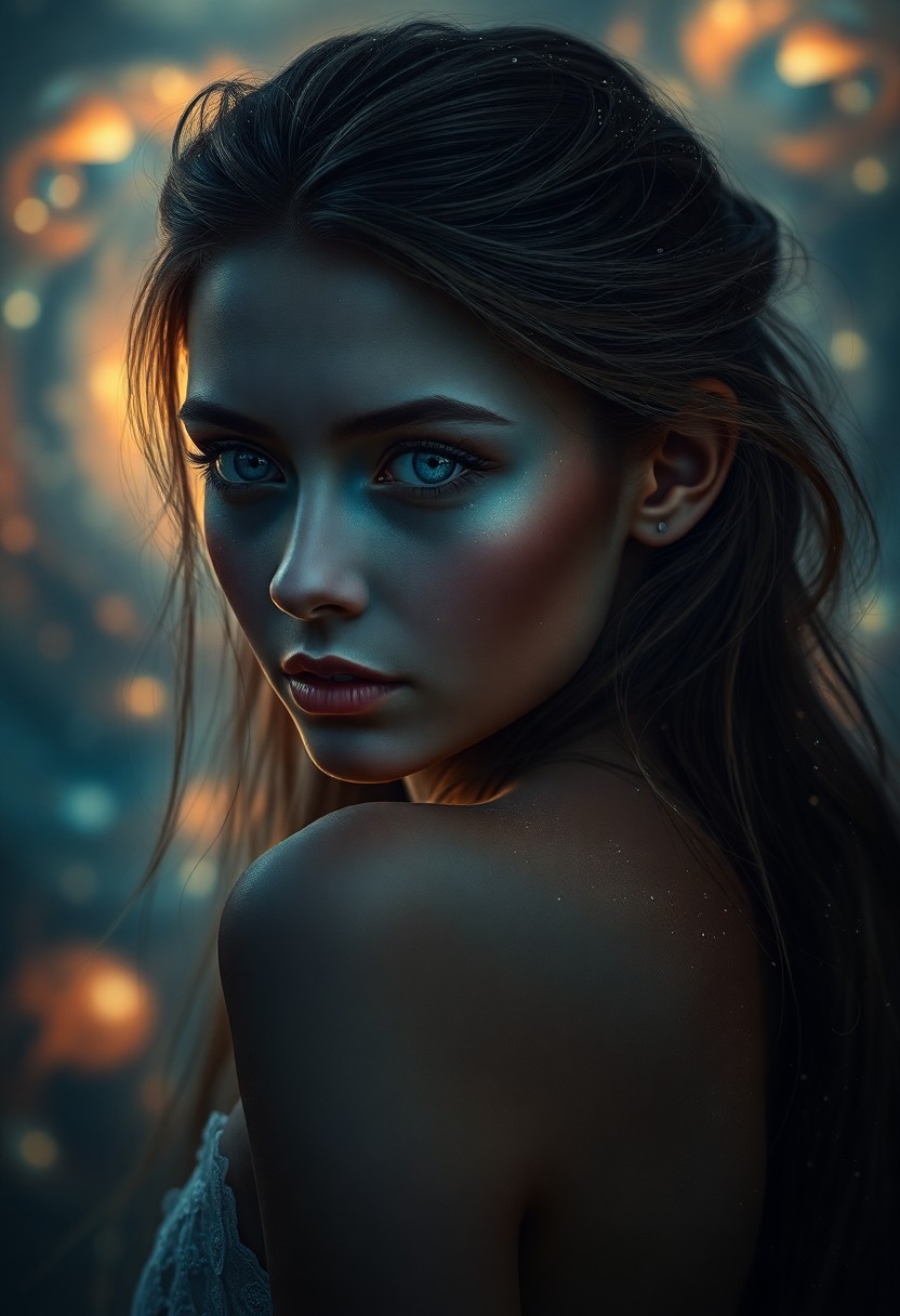 AI generated art for prompt: Create a portrait photograph that captures the enigmatic gaze of an ethereal being. Their piercing e