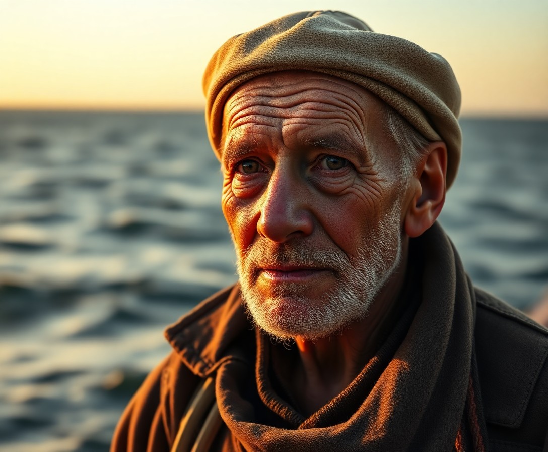 AI generated art for prompt: Create a super-realistic portrait of an aged fisherman, his eyes crinkled and skin leathered from a 