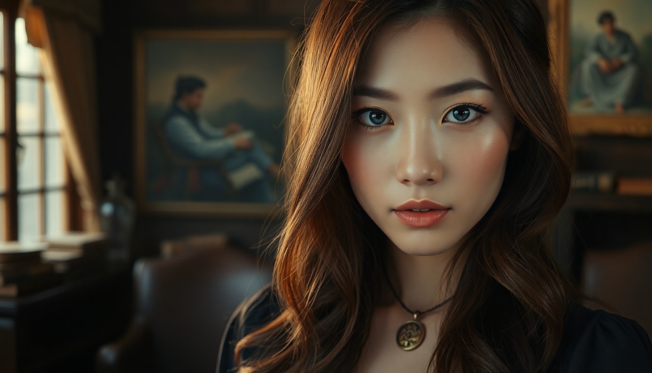 AI generated art for prompt: Capture the enigmatic essence of an alluring East Asian woman with rich chestnut hair cascading down