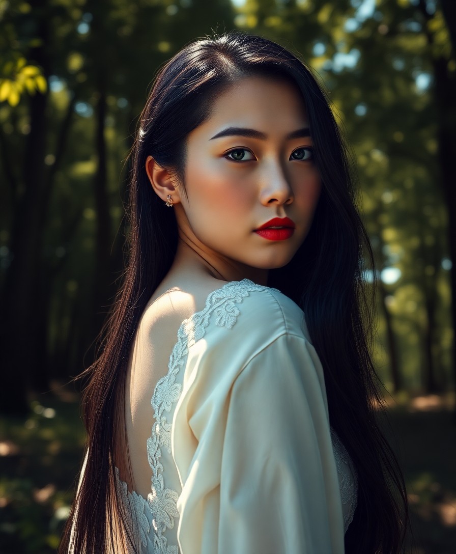 AI generated art for prompt: Imagine a superrealistic portrait of a young East Asian woman with enigmatic, clouded green eyes. He