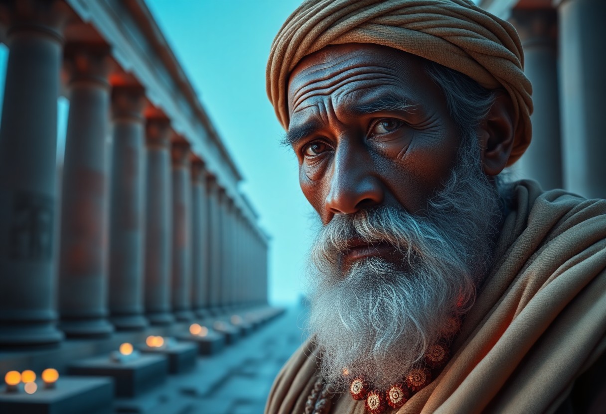 AI generated art for prompt: Capture the essence of ancient wisdom in a photorealistic portrait that merges classical aesthetics 