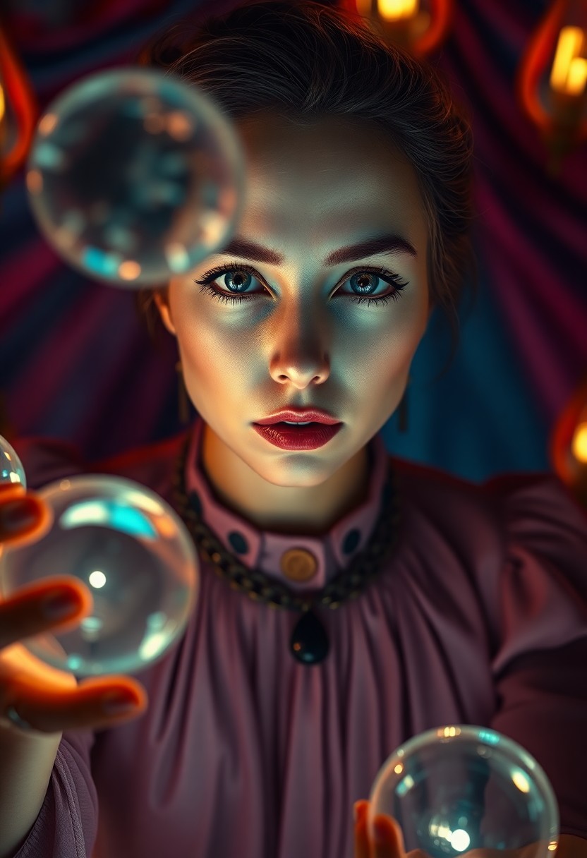 AI generated art for prompt: This hyperrealistic portrait captures a melancholic circus performer mid-act, offering a unique 'bug