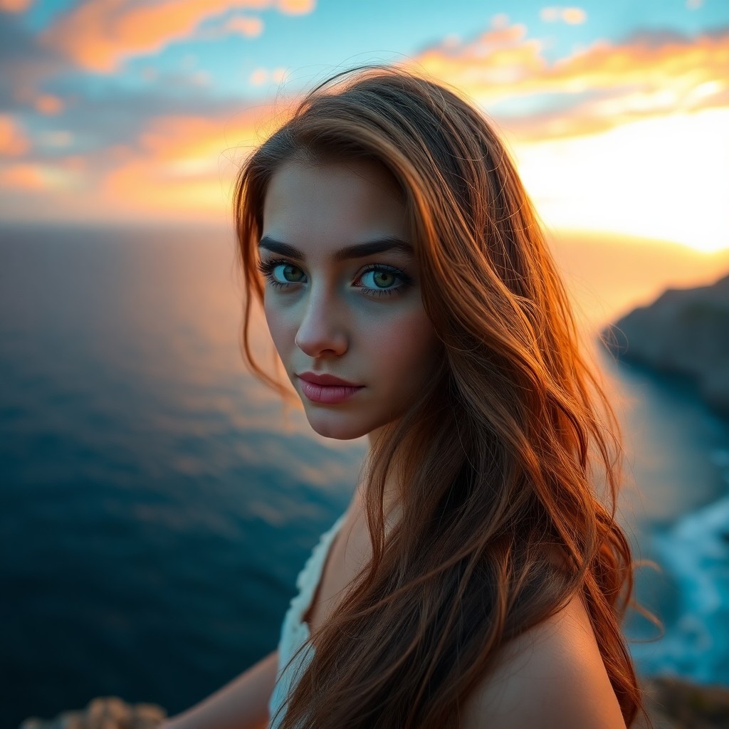 AI generated art for prompt: A young Middle Eastern woman with wistful green eyes and chestnut hair cascading in soft waves over 