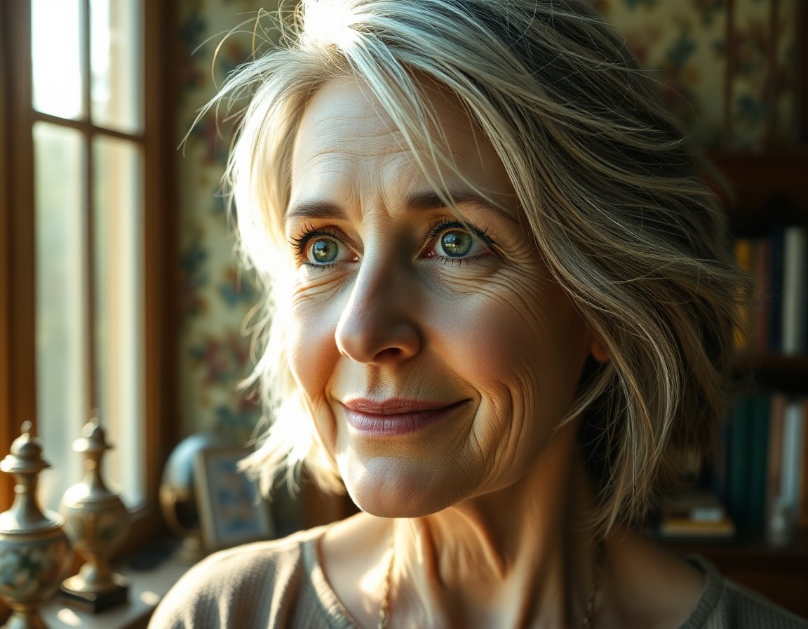 AI generated art for prompt: A close-up portrait of a middle-aged Western European woman with captivating green eyes and silvery-