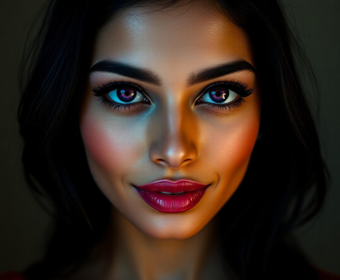 AI generated art for prompt: The portrait captures the enigmatic beauty of a South Asian woman with captivating deep purple eyes 