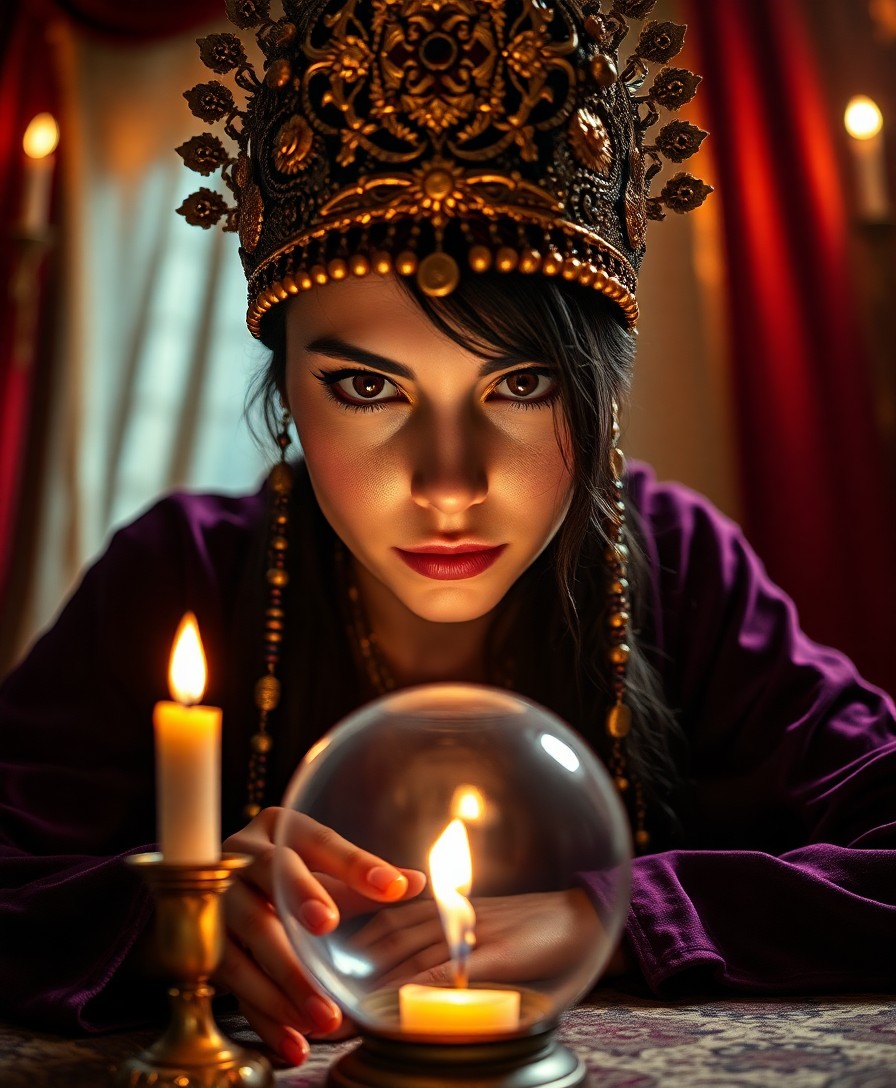 AI generated art for prompt: Envision a photorealistic portrait of a mysterious fortune teller, captured from an unusual, under-t