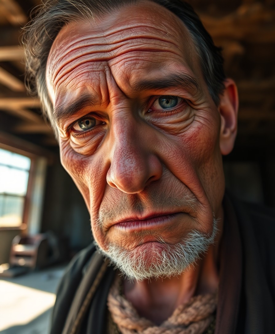 AI generated art for prompt: Create an image of a close-up portrait capturing a somber, middle-aged Native American man with a ga