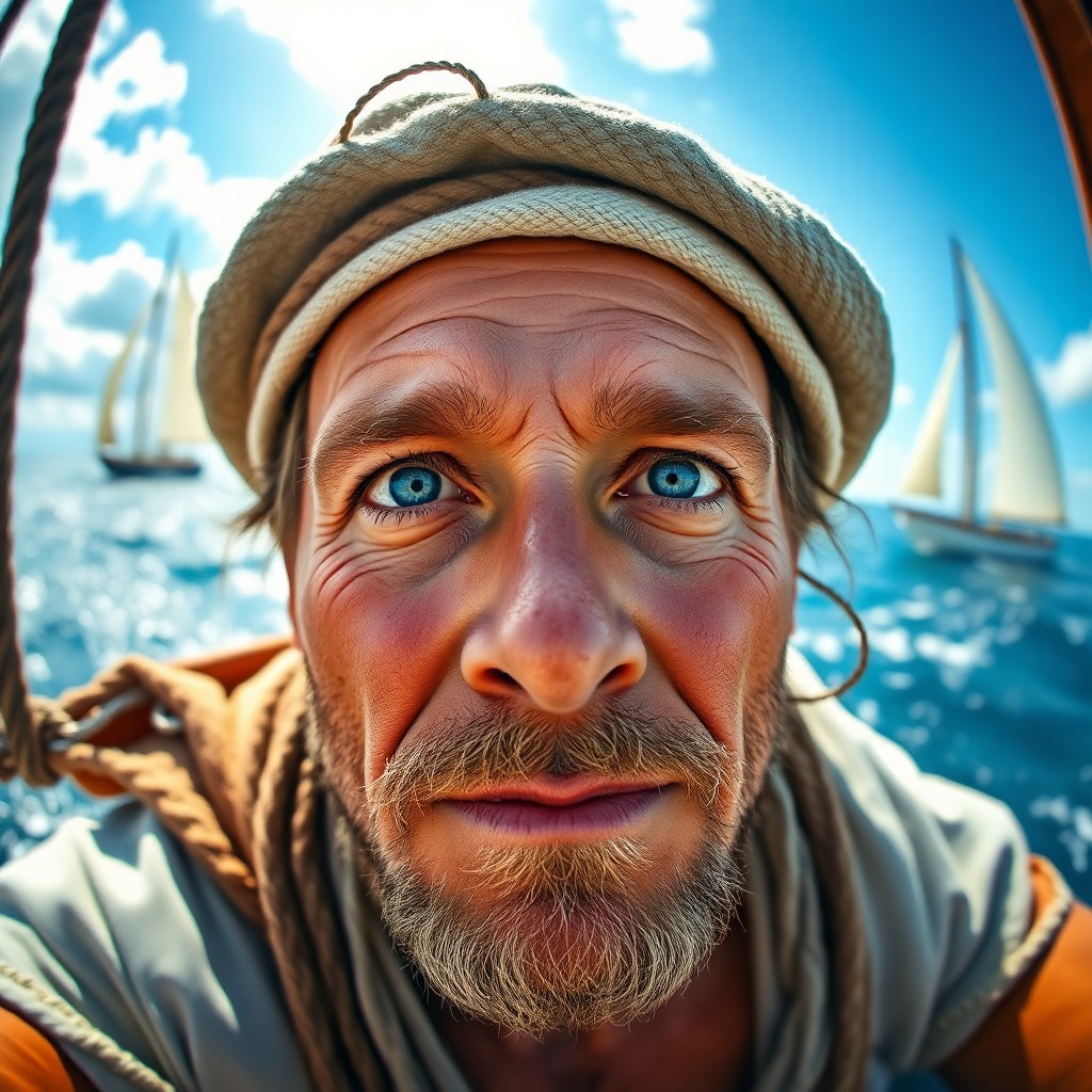 AI generated art for prompt: A highly realistic portrait of a rustic sailor with shy blue eyes and a rugged complexion emerges fr