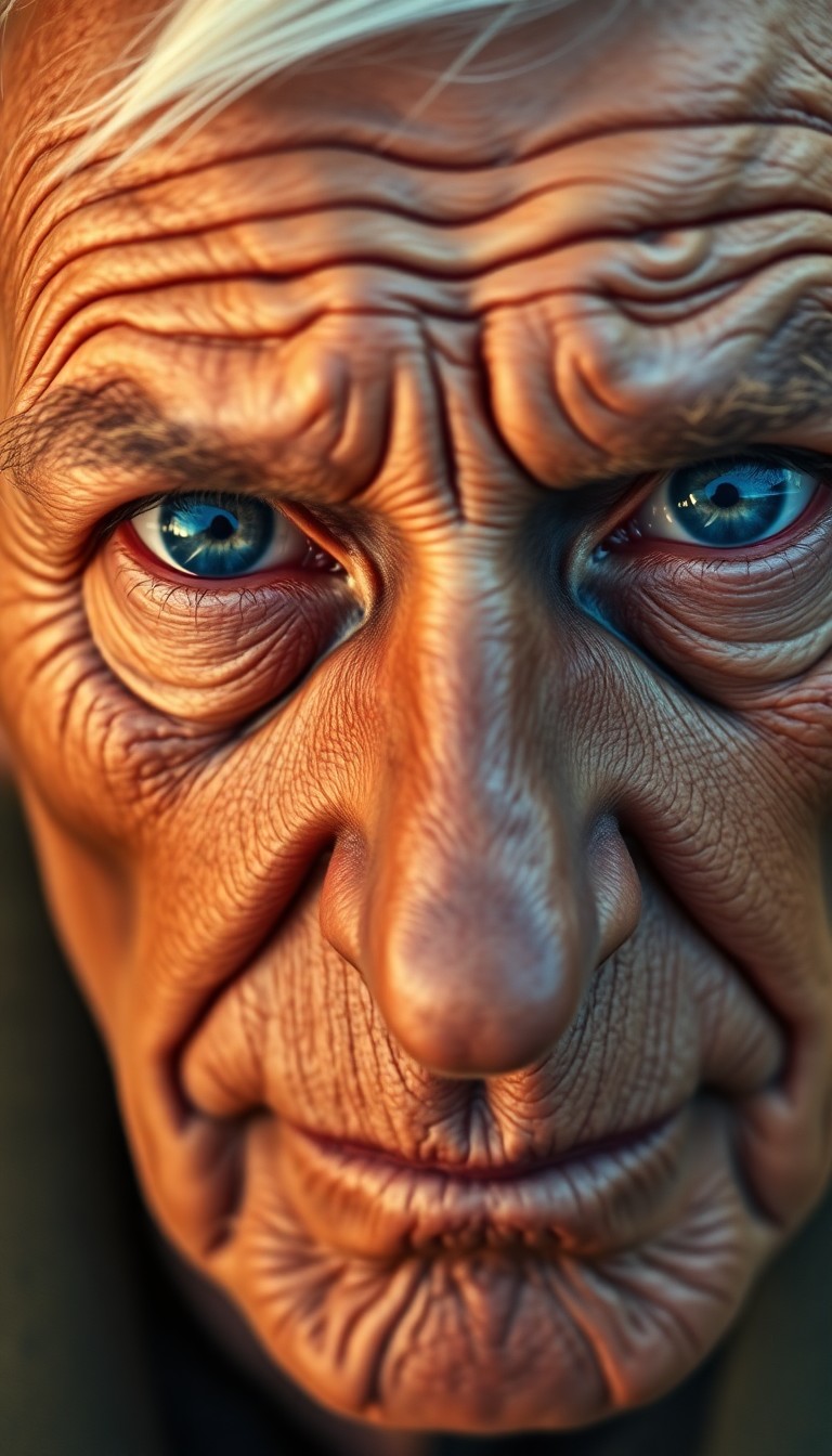 AI generated art for prompt: A close-up portrait captures the face of an individual with deep-set wrinkles and vivid blue eyes th