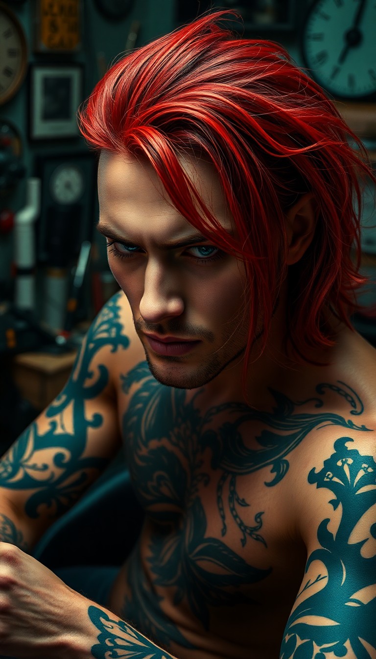 AI generated art for prompt: A highly realistic portrait depicts an enigmatic tattoo artist with striking crimson hair in their s