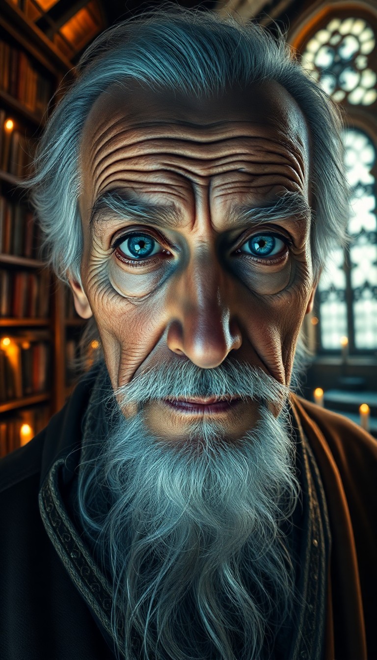 AI generated art for prompt: Visualize an intricately detailed, hyperrealistic portrait of a wise, elderly mystic with piercing a