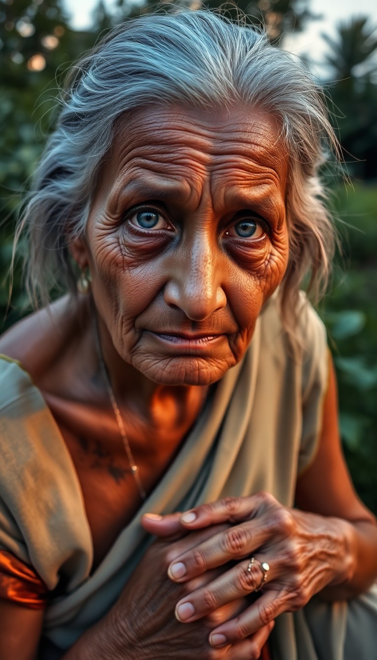 AI generated art for prompt: A portrait photograph, captured with an iPhone, depicts the enigmatic gaze of an elderly South Asian