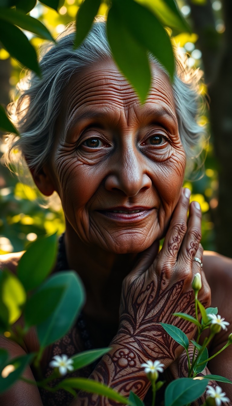 AI generated art for prompt: A superrealistic portrait of an elderly Amazonian woman with a time-tested, wise face. Intricate hen