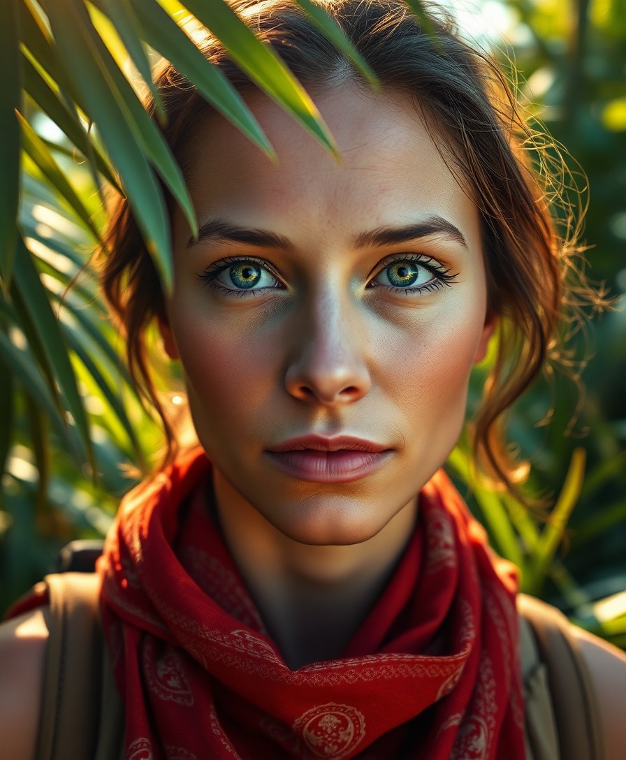 AI generated art for prompt: Imagine a hyperrealistic portrait of a modern-day female explorer, her face illuminated by soft gold