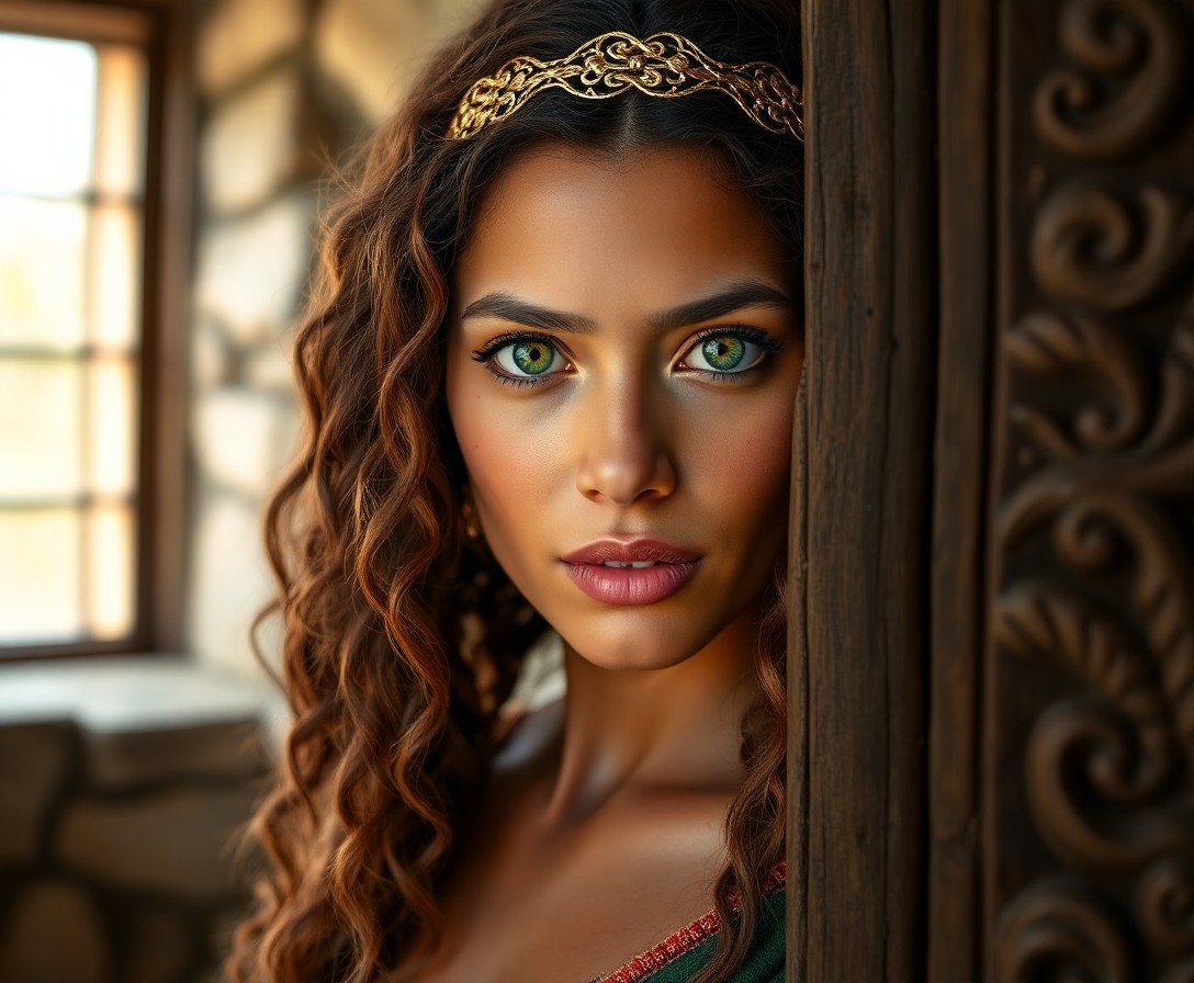 AI generated art for prompt: A portrait photograph captures the enigmatic gaze of an Aboriginal woman with piercing emerald eyes 