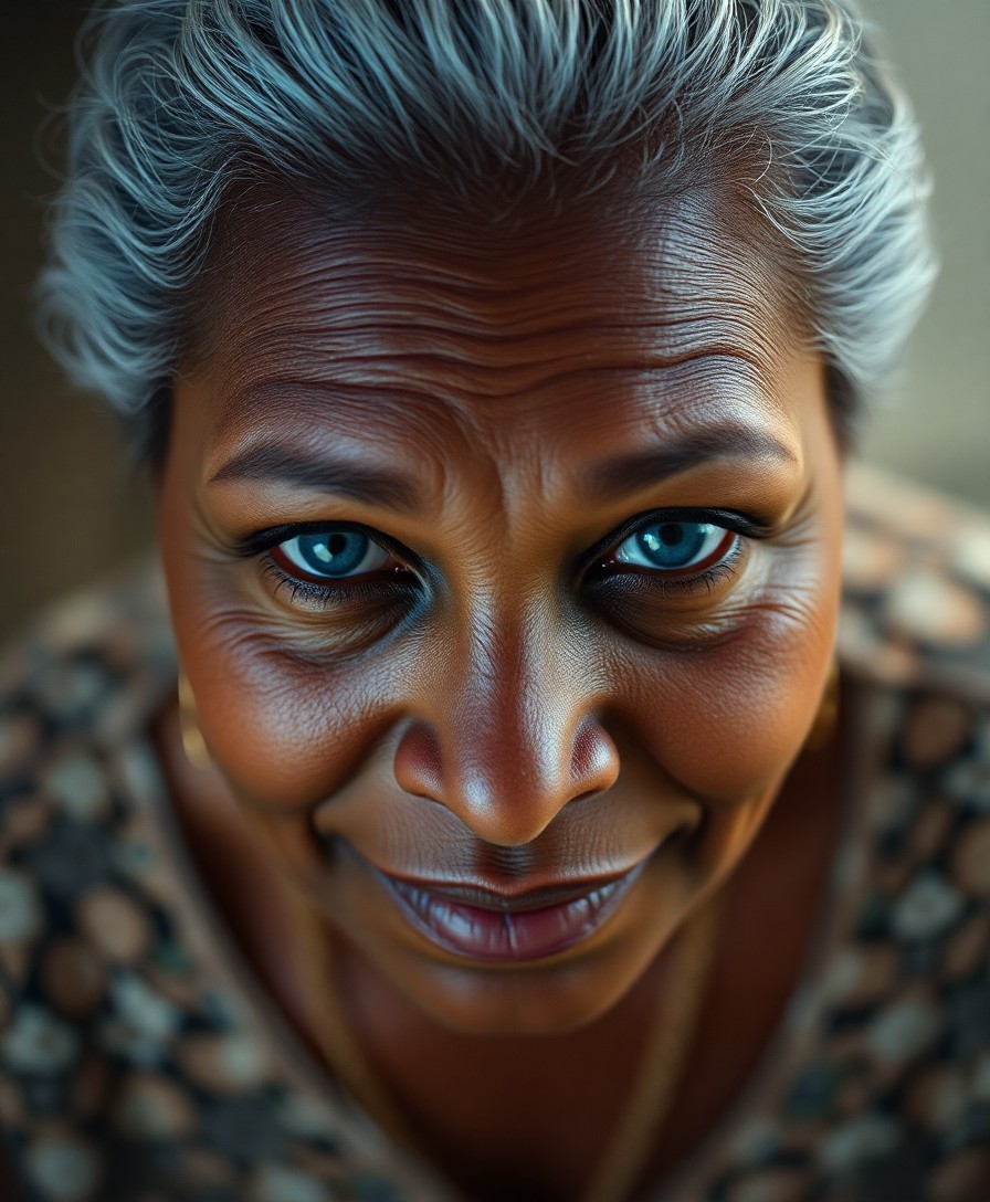 AI generated art for prompt: A portrait of a middle-aged Caribbean woman exudes wisdom from her tranquil blue eyes. Her gracefull