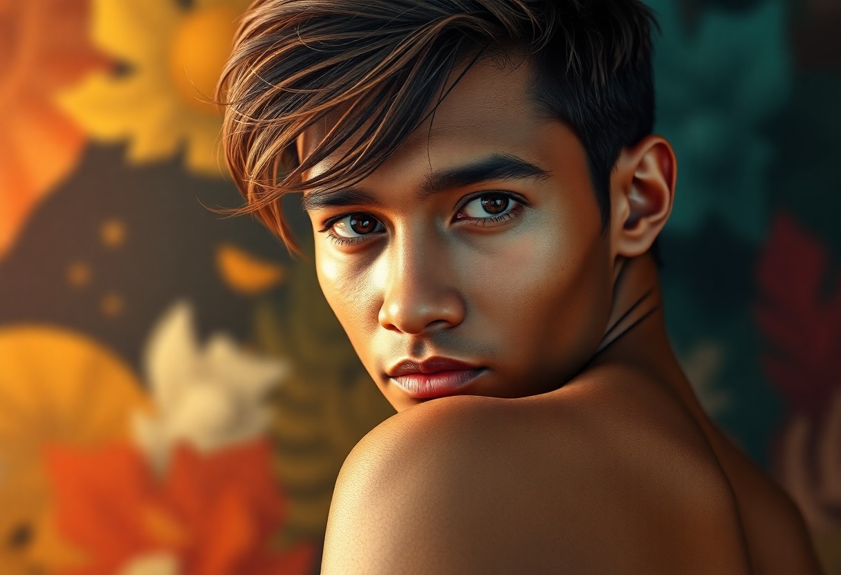 AI generated art for prompt: Create a hyperrealistic portrait of a young Micronesian man with alluring amber eyes, windswept ches