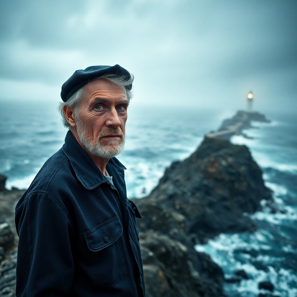 AI generated art for prompt: A portrait photograph captures the essence of a solitary lighthouse keeper in his late sixties. The 