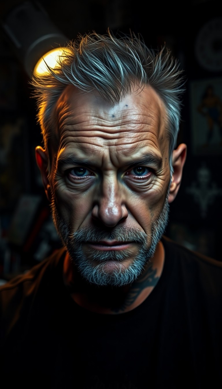 AI generated art for prompt: A portrait photograph captures the essence of a charismatic tattoo artist in their early 40s. The ar