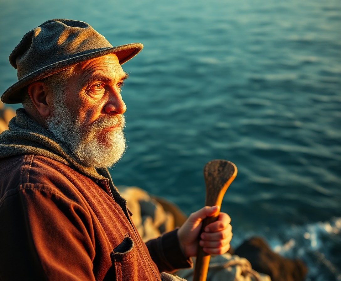 AI generated art for prompt: A seasoned fisherman, his face weathered by years on the sea, stands at the edge of a rocky cliff ov