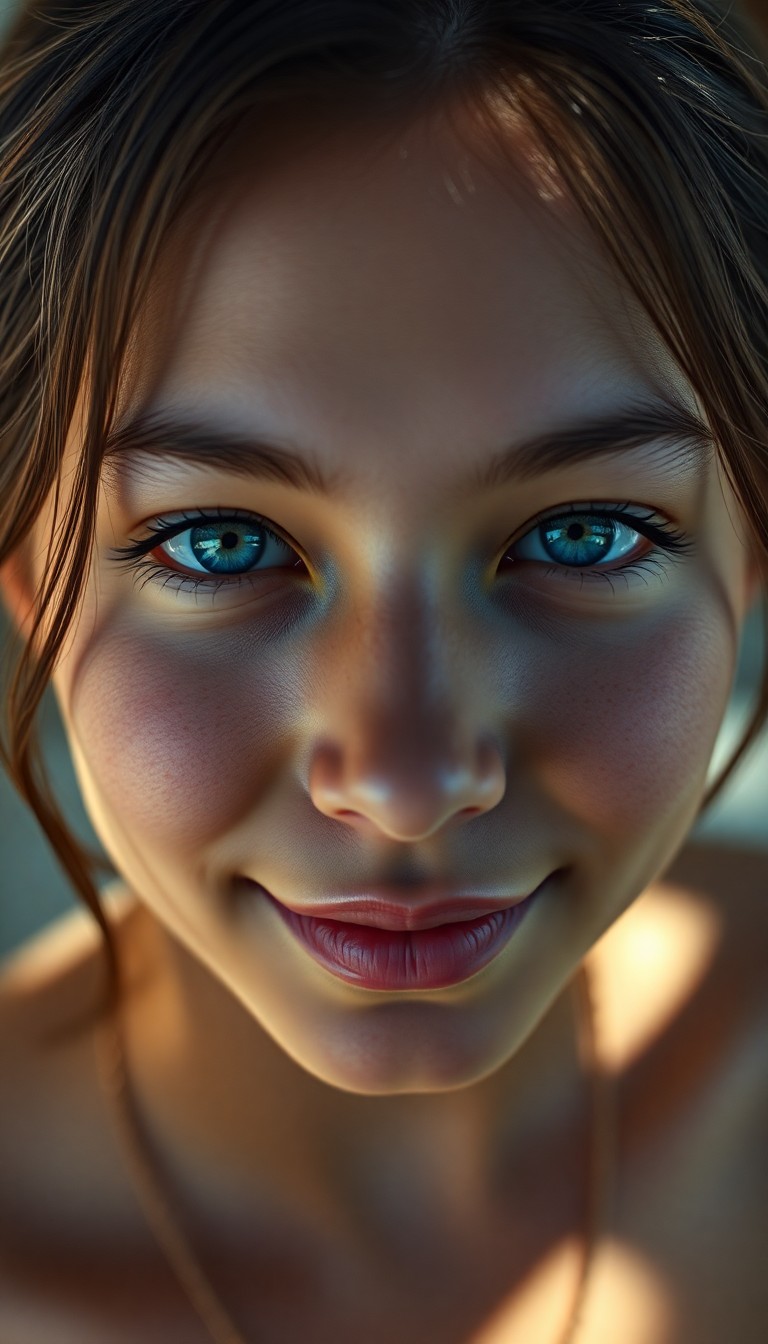 AI generated art for prompt: Create a hyperrealistic image of a young Polynesian woman with compassionate blue eyes and porcelain