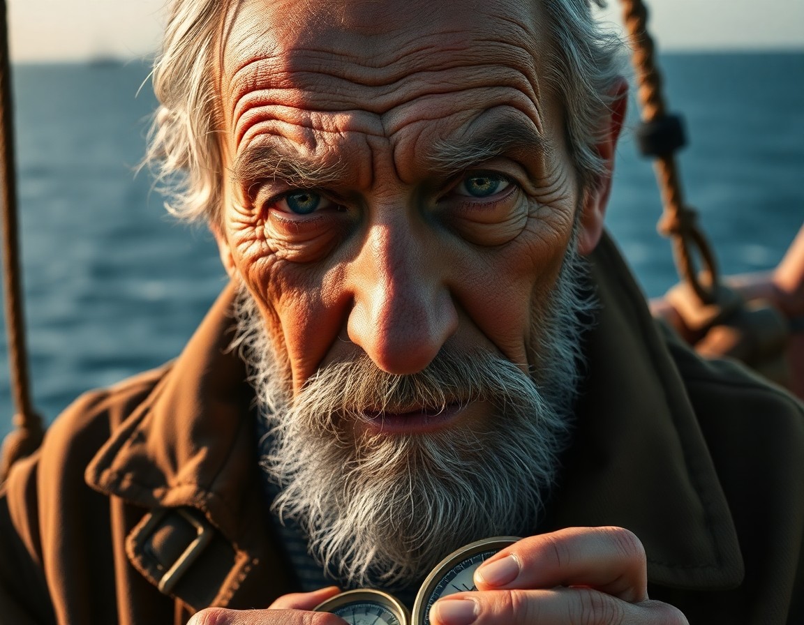 AI generated art for prompt: Visualize a hyperrealistic portrait of an aged sea captain with unfocused green eyes and a graying b