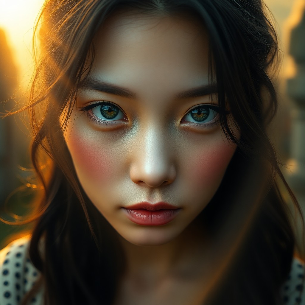 AI generated art for prompt: Imagine an enigmatic hyperrealistic portrait of an East Asian woman with warm, green eyes and dark, 