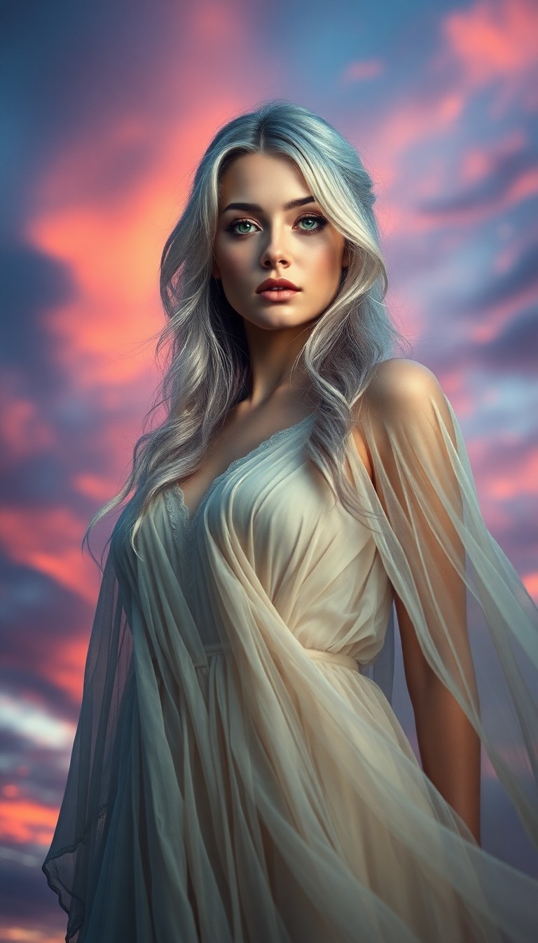 AI generated art for prompt: Imagine a hyper-realistic portrait of an enigmatic Eastern European woman with radiant silver hair a