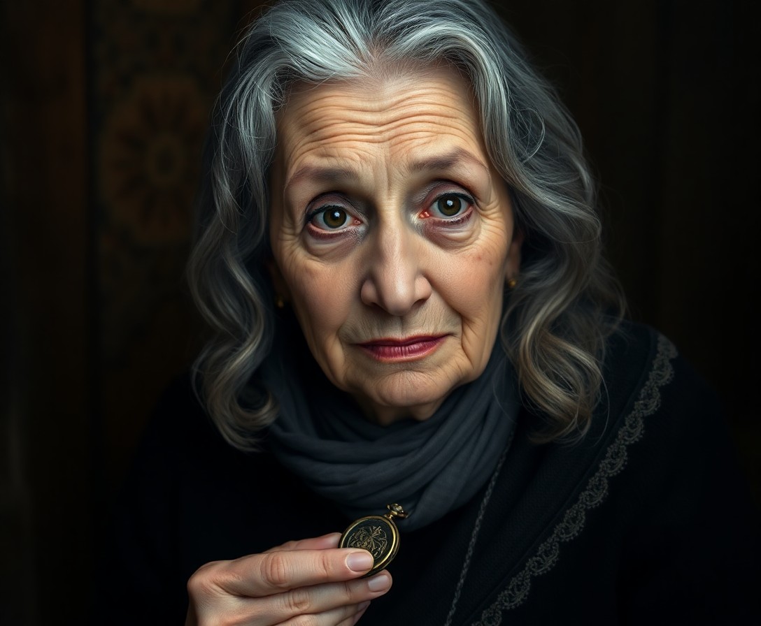 AI generated art for prompt: Create a portrait of an elderly Middle Eastern woman with warm, dark brown eyes and wavy gray hair g