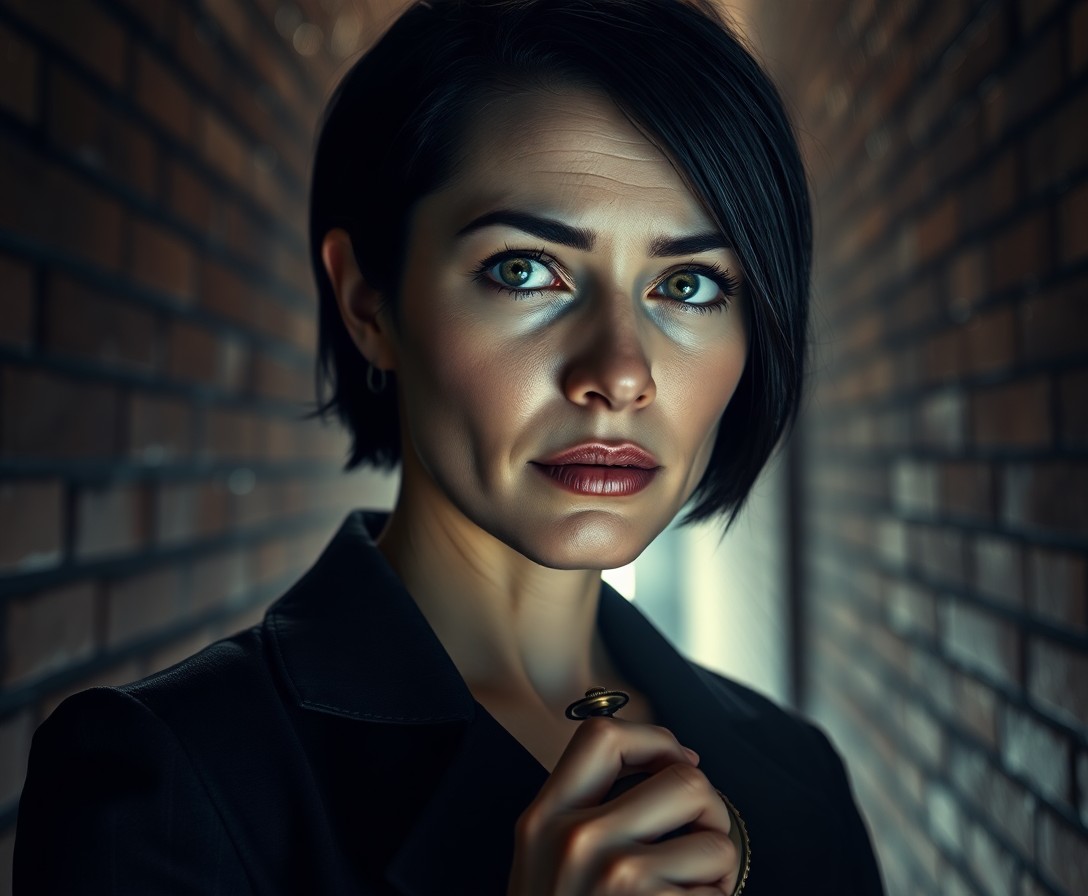 AI generated art for prompt: Capture a photorealistic portrait of a 45-year-old female detective with tender green eyes and short