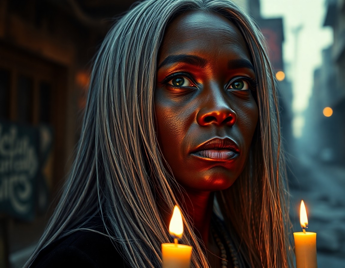 AI generated art for prompt: Create a photorealistic portrait of an enigmatic African woman with long, silver hair flowing down h