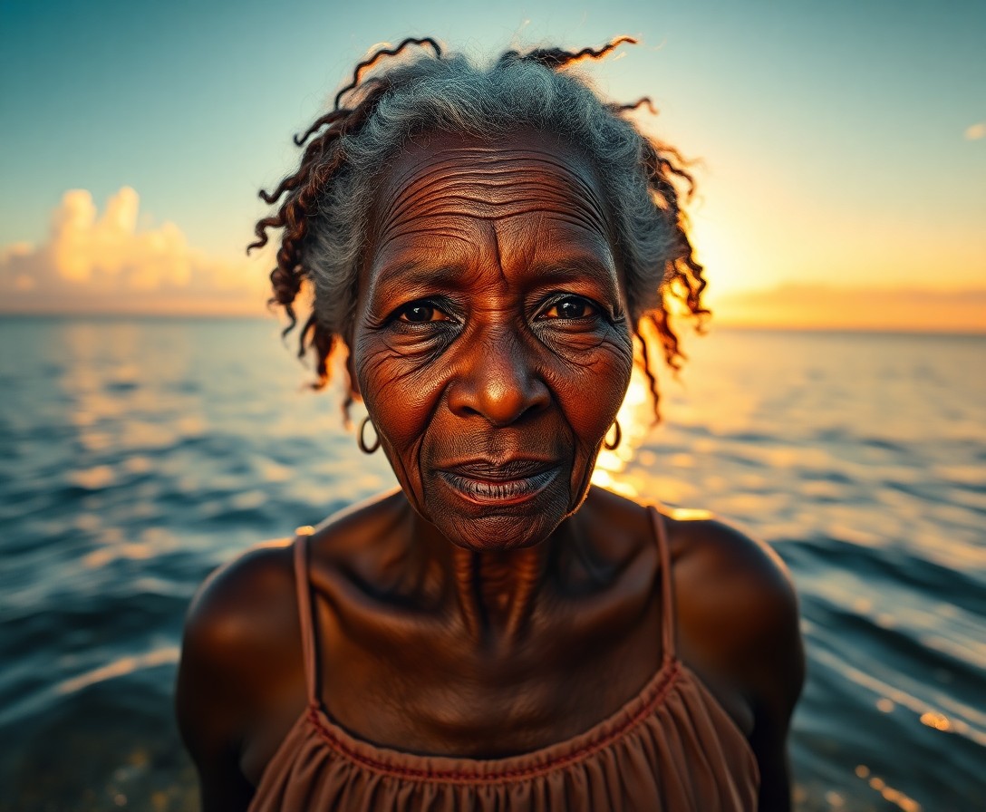 AI generated art for prompt: Capture the enigmatic essence of a Caribbean woman in her twilight years as she stands at the water'